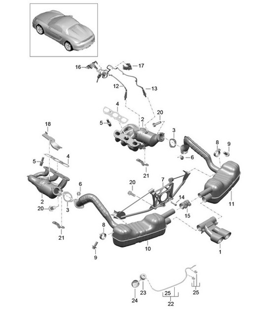 Diagram 202-000 Porsche Cayman S 3.4L 987C MKII 2009-12 Sistema de combustible, sistema de escape