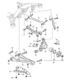 Rear axle / Wheel carrier / Wishbone / Track rod / Wheel hub / Stone guard Cayenne 9PA (955) 2003-06