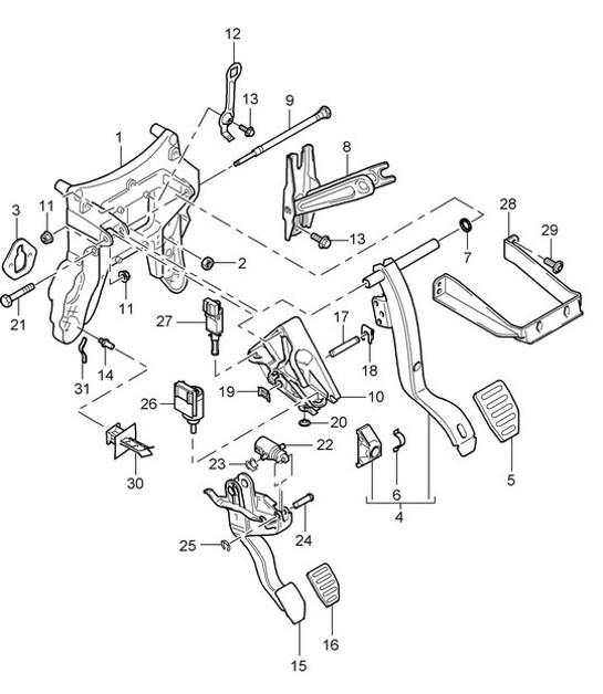 Diagram 702-005 Porsche Macan Turbo 3.6L V6 400 PS Handhebelsystem, Pedalgruppe 