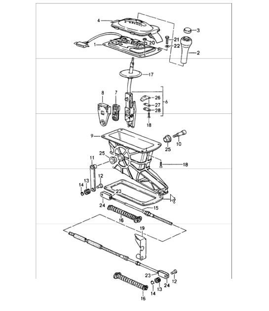 Diagram 701-01 Porsche Caimán T 718 2.0L Manual (300 CV) Sistema de palanca manual, conjunto de pedales 