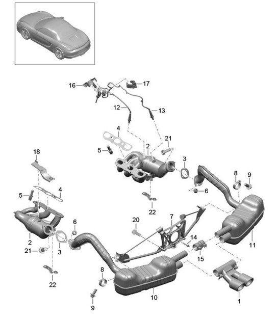 Diagram 202-000 Porsche 997 MKII Turbo 2009>> Système de carburant, système d'échappement