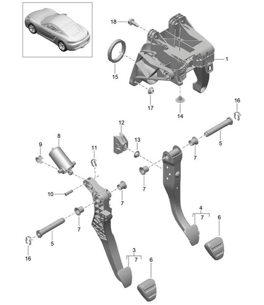 Diagram 702-000 Porsche Boxster 986/987/981 (1997-2016) Hand Lever System, Pedal Cluster 
