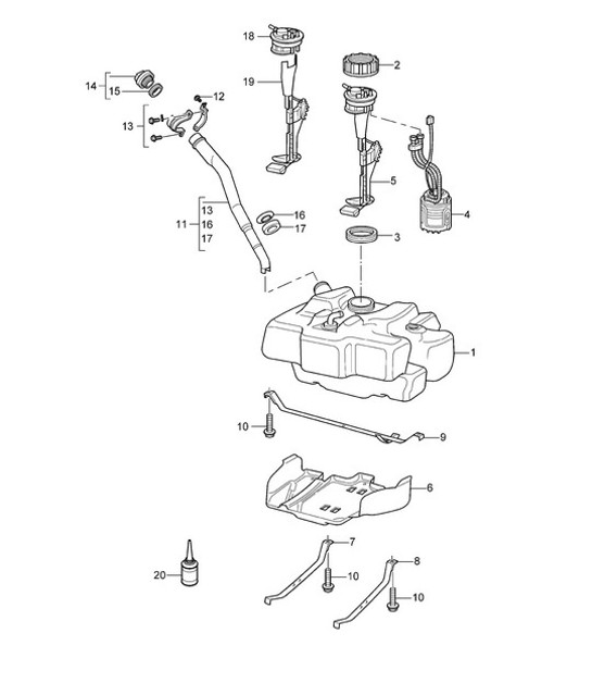 Diagram 201-000 Porsche Boxster 986 2.5L 1997-99 Kraftstoffsystem, Abgassystem