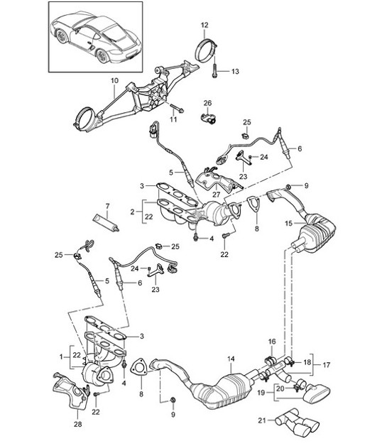 Diagram 202-000 Porsche Boxster 718 2.0L Schaltgetriebe (300 PS) Kraftstoffsystem, Abgassystem