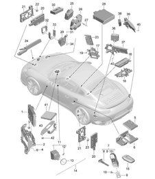 Centraline / Elettronica / Avantreno / Parte posteriore / Trasmettitore portatile / Interruttore accensione/avviamento / Antenna 991 Turbo/ GT2 RS 2014-20