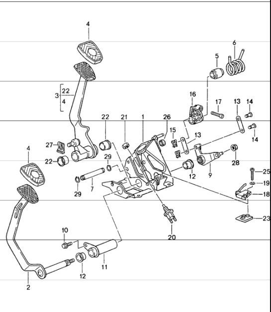 Diagram 702-00 Porsche Boxster T 718 2.0L Schaltgetriebe (300 PS) Handhebelsystem, Pedalgruppe 