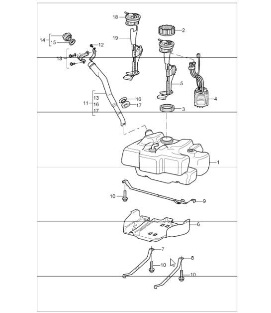 Diagram 201-00 Porsche Macan (95B) MK1 (2014-2018) Brandstofsysteem, uitlaatsysteem