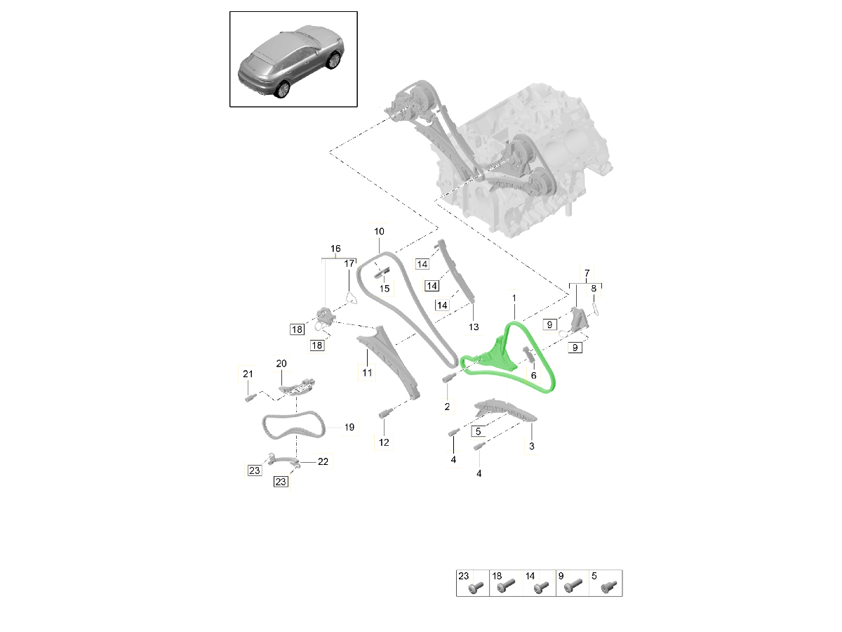 Timing chain with tensioner rail cylinders 46. Porsche 95B.2 Macan